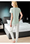 Women's Mint Green Sunsets Printed Pajama Set - Cotton Set with Plaid Trousers - 4