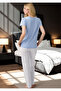 Women's Blue Pajama Set - Short Sleeve Crew Neck Cotton Bottom Top Set - 4