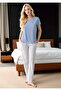 Women's Blue Pajama Set - Short Sleeve Crew Neck Cotton Bottom Top Set - 2