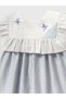 Baby Girl Blue Striped Embroidered Cotton Dress with Ruffle Detail 9-36 Months - 2