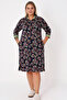 Navy Blue Patterned Full Zipper Dress with Ribbed Pockets and Cotton Fabric, Plus Size, Three-Quarter Sleeves - 2