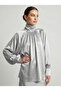 Women's Gray Balloon Sleeve Satin Shirt Nj99