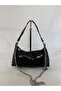 Black Patent Leather Chain Strap Women's Shoulder Bag – Studded Y2K Baguette Model - 4