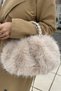 Women's Beige Fur Detailed Hand and Shoulder Bag with Chain and Knitted Handle |   Soft Plush Winter Stylish Baguette - 3