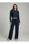 Women's Navy Blue Corded Top and Bottom Two-Piece Set Nj106