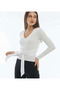 Women's White V-Neck Blouse with Tie Detail Jf24 - 2