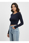 Women's Navy Blue Crew Neck Blouse with Chain Detail on the Back Nj98 - 3