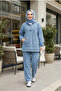 Women's Hooded, Buttoned and Pocketed Light Denim Blue Tunic Pants Two-Piece Set