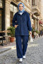Women's Hooded, Buttoned and Pocketed Dark Denim Blue Tunic Pants Two-Piece Set - 3