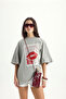 Lip Print Oversize Gray T-Shirt - 2