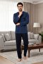 Men's Indigo Long Sleeve Button Detailed 100% Cotton Design Large Size (Oversized) Pajama Set