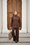 Women's Front Grass Detail Crew Neck Set Brown - 3