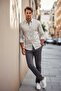 Navy Blue Brushstroke Patterned Long Sleeve Men's Shirt on a Beige Background