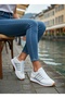 Women's White Silver Striped Lace-Up Comfortable Sole Daily Sneakers