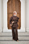 Women's Ornamental Stitching Detailed Ruffled Shoulder Pants Denim Suit Brown