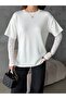 Women's White Lace Sleeve Oversized Modal Textured T-Shirt