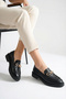 Black Printed Genuine Leather Women's Loafer Shoes with Metal Bow Buckle Real Leather Moccasin Shoes - 3