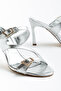 Women's Silver Shiny Leather Double Buckle Detailed Heeled Slippers - 4