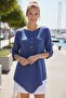Cobalt Blue Round Neck Buttoned 3/4 Sleeve Single Pocket Tacky Stitching Casual Muslin Woven Blouse 75 65 - 6