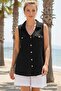 Black Shirt Collar Sleeveless Buttoned Double Covered Pockets Washable Casual Muslin Woven Shirt 62 55