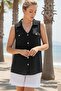 Black Shirt Collar Sleeveless Buttoned Double Covered Pockets Washable Casual Muslin Woven Shirt 62 55 - 4