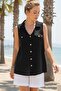 Black Shirt Collar Sleeveless Buttoned Double Covered Pockets Washable Casual Muslin Woven Shirt 62 55 - 2