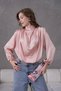 Women's Stand Collar Padded Shoulders Accessory Detail Satin Woven Blouse 30050
