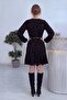 Women's Belted Double-Breasted Collared Patterned Dress Black, Brown - 3