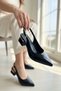 Love Black Wrinkled Patent Leather (4 cm Heel Length) Pointed Toe Heeled Ballerina Shoes