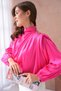Women's Stand Collar Padded Shoulders Accessory Detail Satin Woven Blouse 30050 - 2