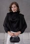 Women's Stand Collar Padded Shoulders Accessory Detail Satin Woven Blouse 30050