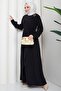 Buckle Detailed Tie-Up Hijab Dress Black Hm2887 - 6
