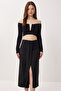 Twisted Detailed Slit Woven Skirt Ldp0096 Black - 3