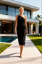 Women's Dress Asymmetrical Collar Sleeveless Midi Length Woven Crepe Fabric Accessory Detailed Lined Shift Pattern - 4
