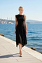 Women's Midi Dress Asymmetrical Collar Sleeveless Stretchy Knitted Fabric Skater Cut Detailed Stylish