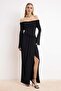 Siyah Carmen Yaka Örme Maxi Abiye & Mezuniyet Elbisesi TPRSS26AE00038