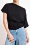 Siyah Fitted/Vücuda Oturan Asimetrik Yaka Büzgülü Crop/Kısa Pamuklu Esnek Örme Bluz TWOSS26BZ00337 - 3