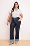 Koyu Mavi Yüksek Bel Duble Paça Comfort/Esnek İnce Kumaş Straight Fit Jeans TBBSS26CJ00009