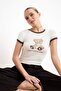 Ecru Fitted/Body-Fitting Short Sleeve Cotton Ribbed Knitted T-Shirt Twoss26Ts00126