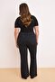 Siyah Sustainable Lasrtikli Bel Comfort/Esnek Flare İspanyol Paça Büyük Beden Jeans TBBSS26CJ00021 - 5