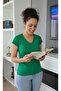Women's Green Color Short Sleeve V-Neck Body - 3