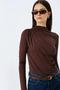 Women's Brown Draped Turtleneck Long Sleeve Crop Blouse - 2