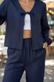 Women's Sofi̇a Linen Suit ◆ Tie-Up Crop-Wide-Leg Pants ◆ Dark Blue Daily Double Set - 2