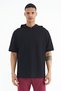 Black Hooded Oversize Men's T-shirt with Sleeve Label Detail - 88179