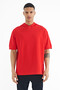 Red Hooded Oversize Men's T-shirt with Sleeve Label Detail - 88179