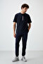 Navy Blue Cotton Thick Surface Textured Oversize Fit Printed Men's T-Shirt - 88366 - 3