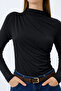 Women's Black Draped Turtleneck Long Sleeve Crop Blouse - 4