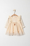 New Born Girl's Long Sleeved Natural Dress with Knitted Detail on the Collar and Sleeves - 4