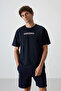 Navy Blue Cotton Thick Surface Textured Oversize Fit Printed Men's T-Shirt - 88365