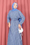 Lace-Textured Detachable Belt Modest Dress Indigo - 2